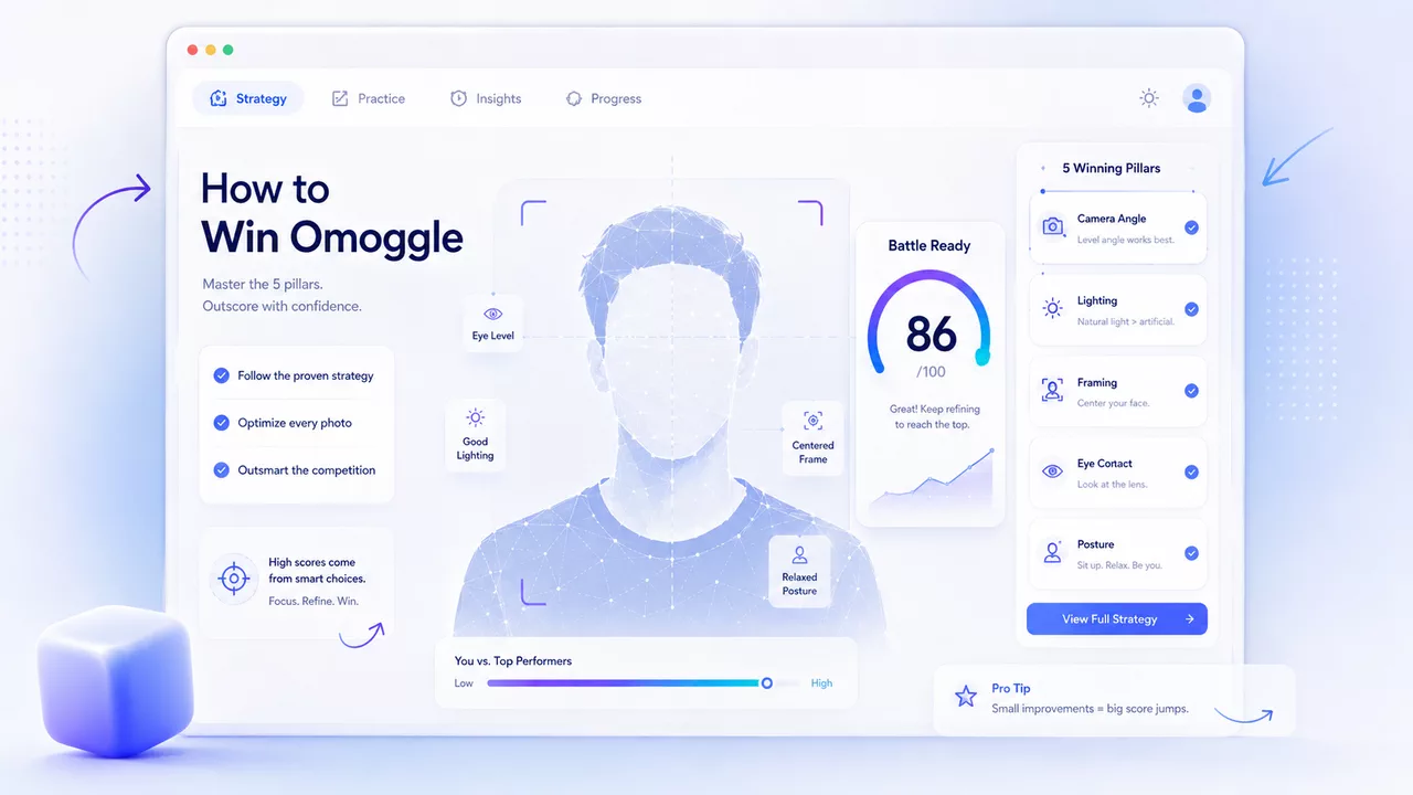 Omoggle strategy coach dashboard showing battle ready score, camera angle, lighting, framing, eye contact, and posture pillars.