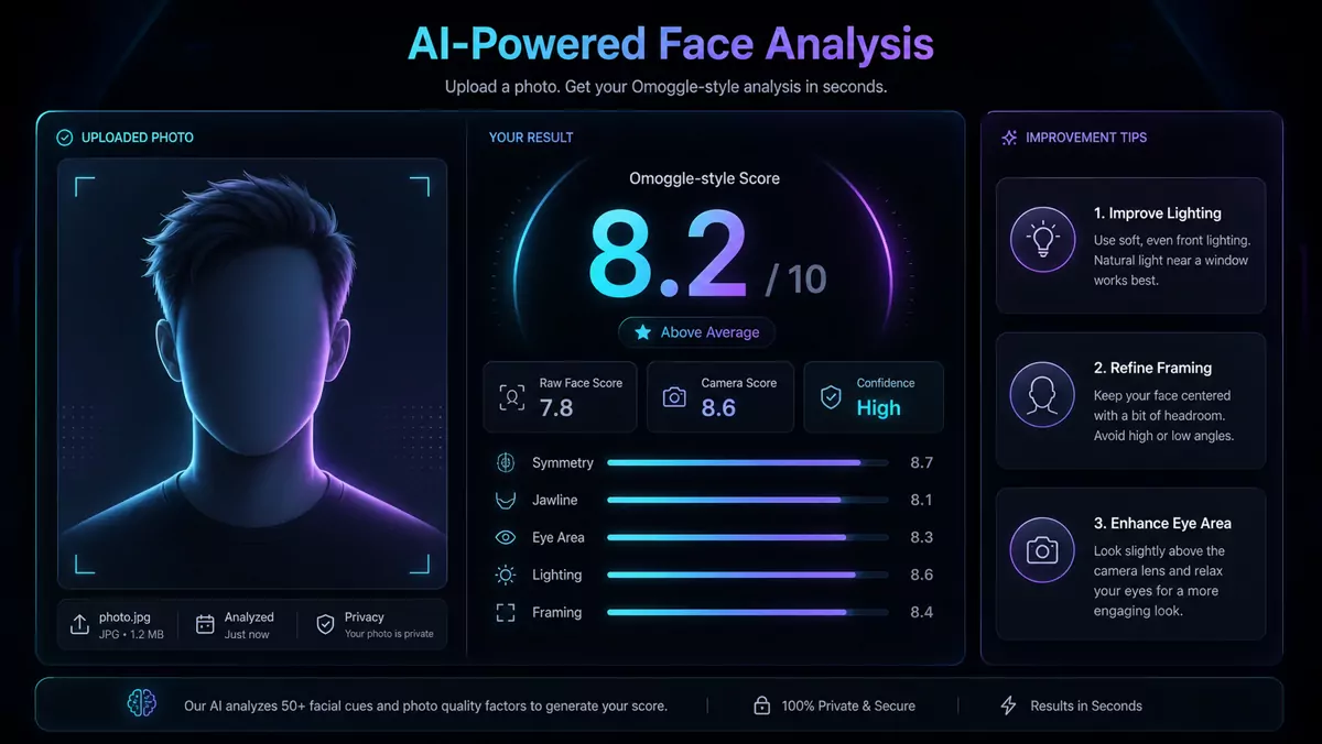 Example Omoggle AI result card showing score, confidence, sub-scores, and improvement tips